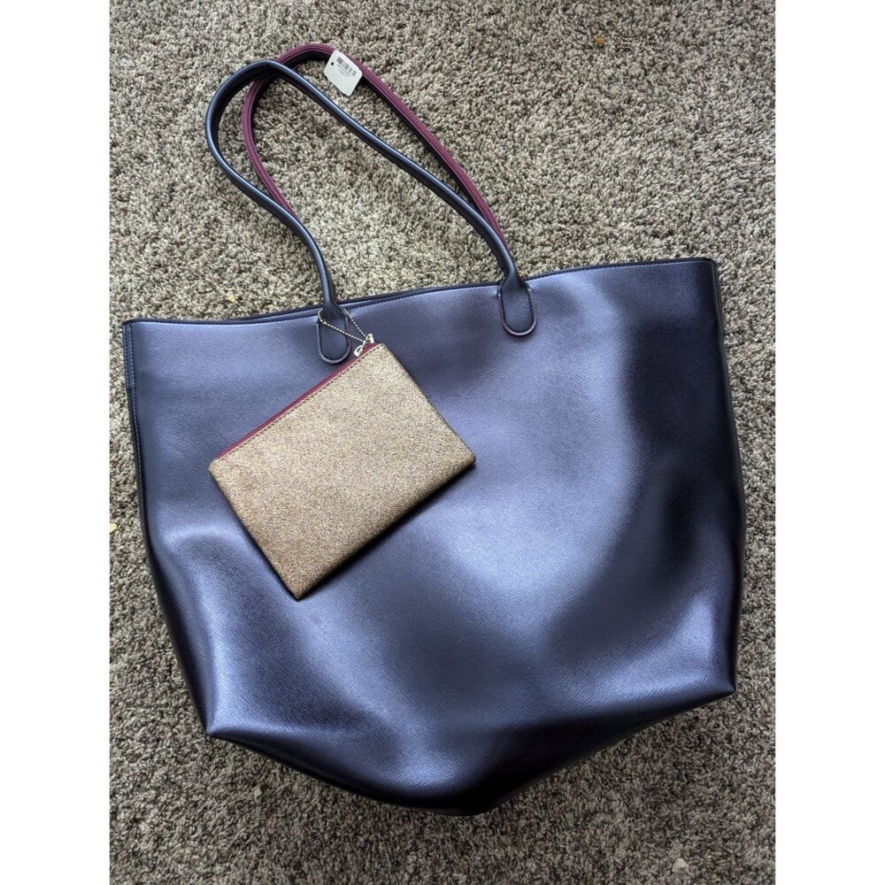 Black Faux Leather Tote Removable Gold Pouch & Burgundy Lining Bath & Body Works